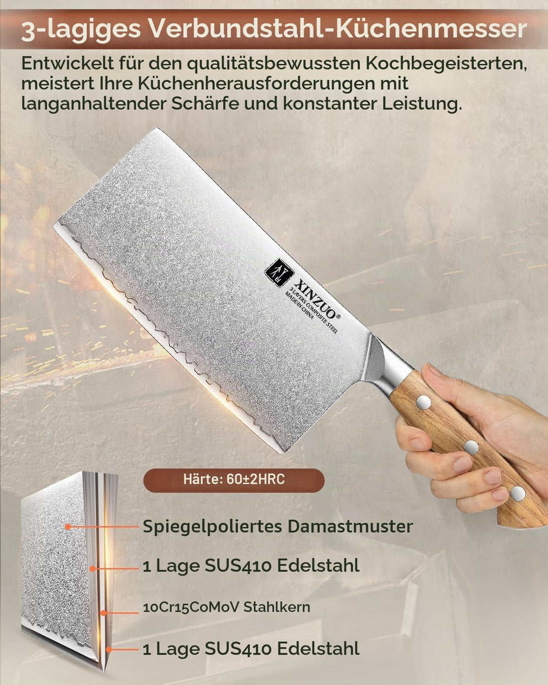 XINZUO 18cm Verbundstahl Hackmesser, Profi Chinesisches Kochmesser Handgeschmiedet Multifunktions Ch