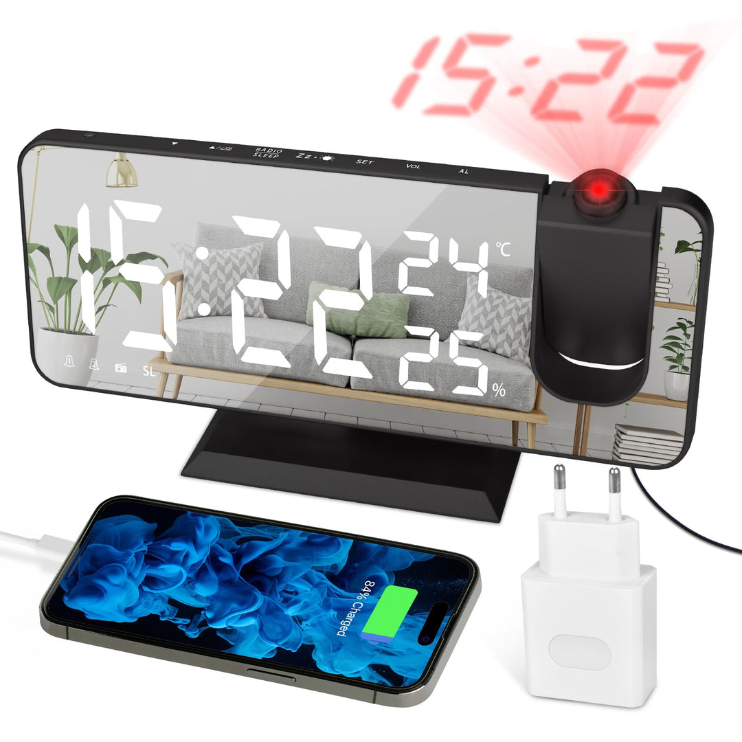 Projektionswecker Digitaler LED-Wecker mit Ladegerät, Radiowecker mit USB-Ladeanschluss, Doppelwecke