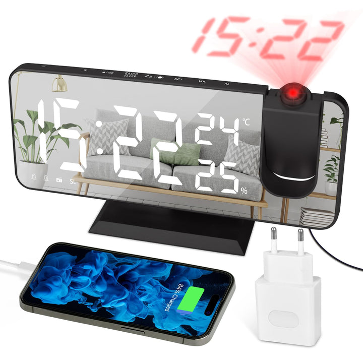 Projektionswecker Digitaler LED-Wecker mit Ladegerät, Radiowecker mit USB-Ladeanschluss, Doppelwecke