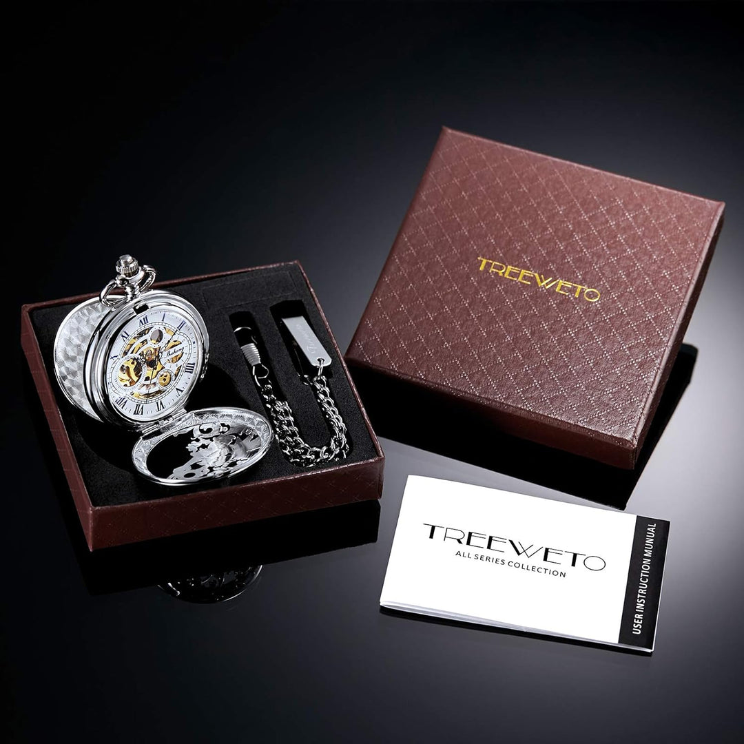 TREEWETO Herren Antik Bronze/Silber Drache Mechanische Skelett Taschenuhr für Damen mit Kette 4. Sil