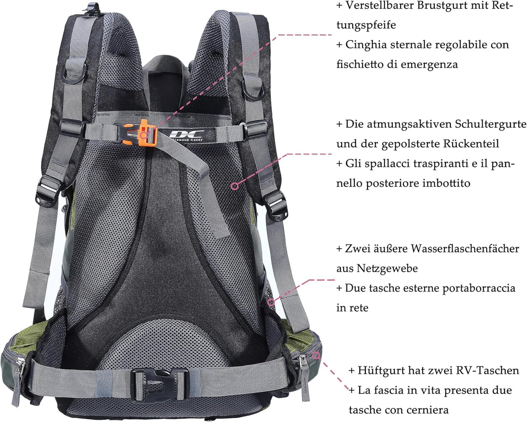Wanderrucksack 40l Damen Herren Rucksack Wasserdicht Reiserucksack mit Regenschutz Laubgrün, Laubgr&