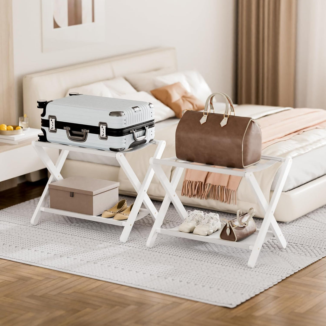 HITNET Kofferständer Klappbar Weiss, Gepäckablage aus Bambus für Gästezimmer, Kofferablage mit Stoff
