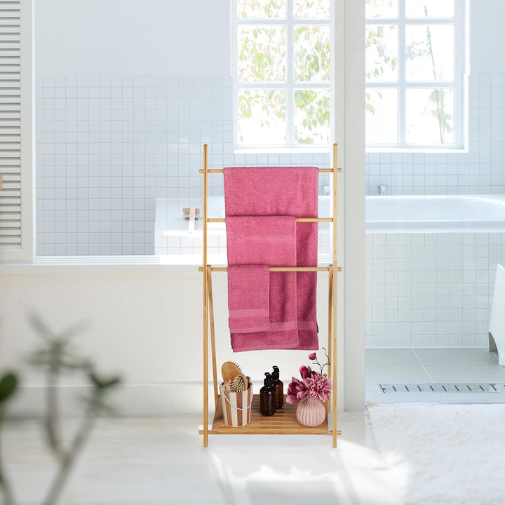 Relaxdays Handtuchleiter Bambus, 3 Stangen, 1 Ablage, HBT: 110 x 53 x 31,5 cm, klappbar, Standhandtu