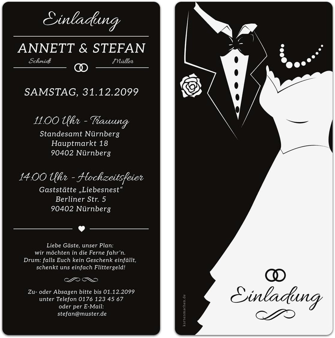 Kartenmachen.de Personalisierte Einladungskarten Hochzeit (ab 10 Stück) - Black & White Brautpaar -