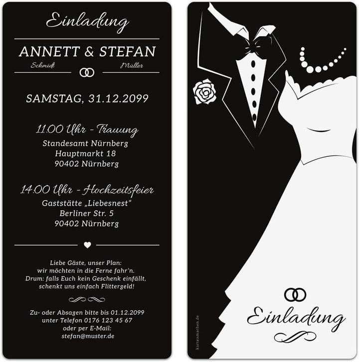 Kartenmachen.de Personalisierte Einladungskarten Hochzeit (ab 10 Stück) - Black & White Brautpaar -