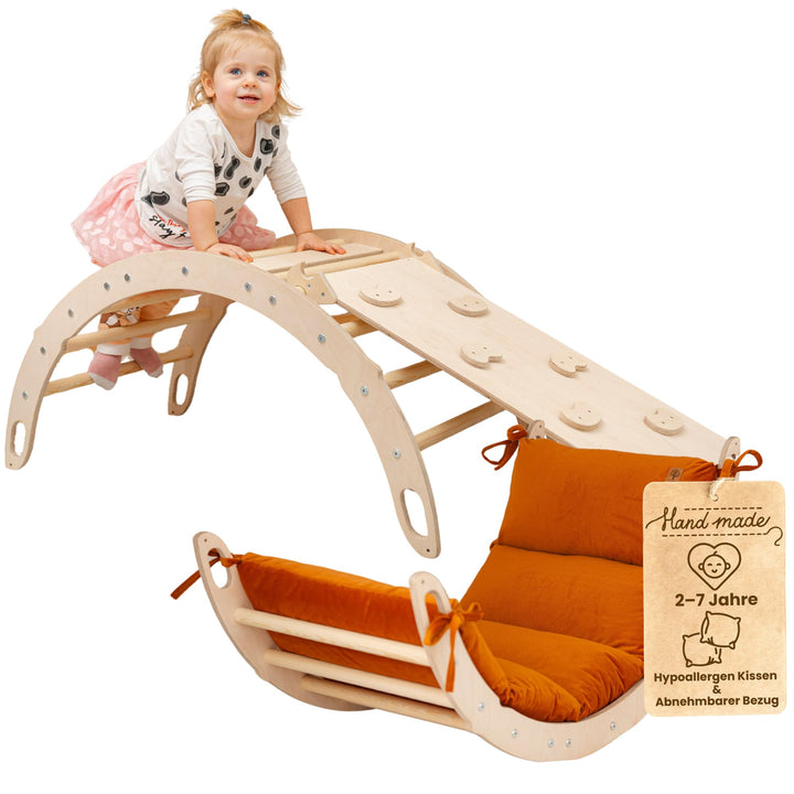 WoodsCraft Kletterbogen mit Kissen & Rutsche Indoor | Wippe Kinder & 2in1: Babyrutsche & Rampe | Hol