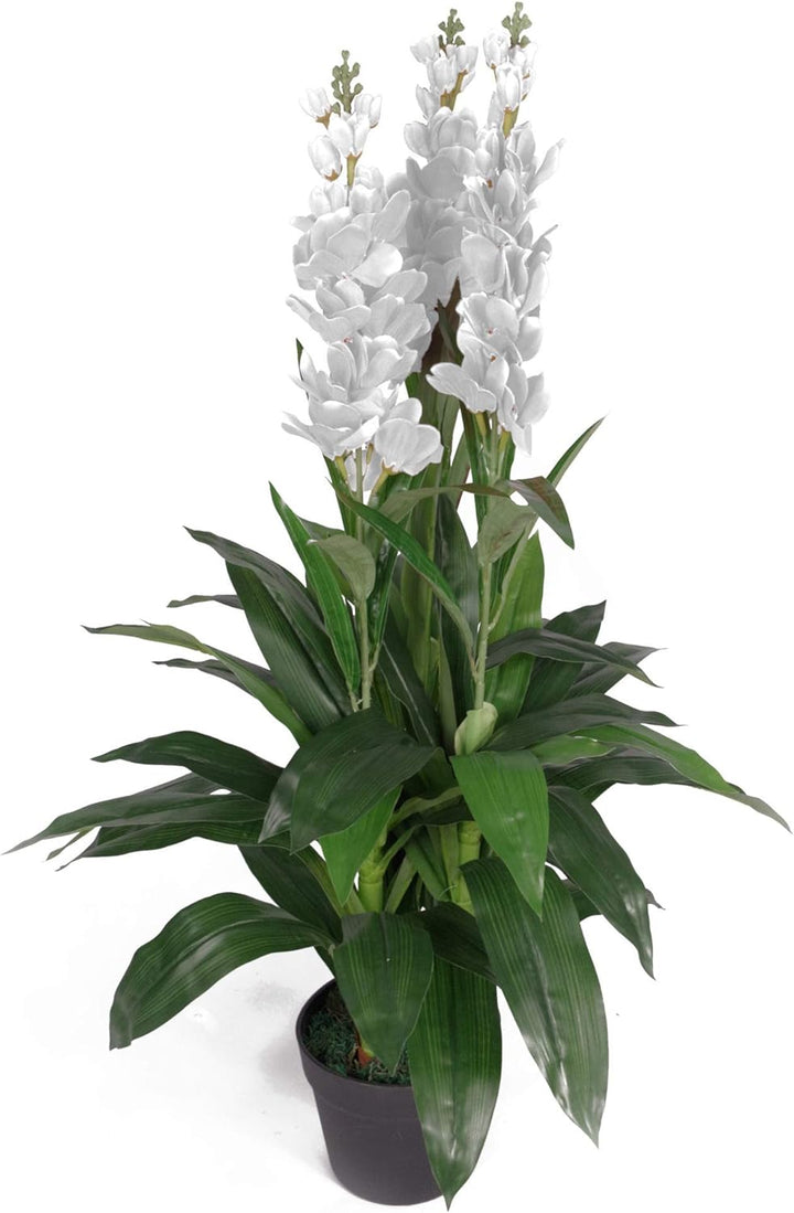 Leaf Kunstpflanze Cymbidium Orchidee, 100 cm, schwarzer Kunststofftopf, weisse Blumen, LEAF-7241 Whi