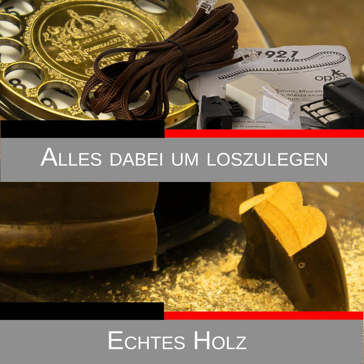 Opis 1921 Cable - Modell A - Retro Telefon aus Holz und Metall mit echter, rotierender Wählscheibe u