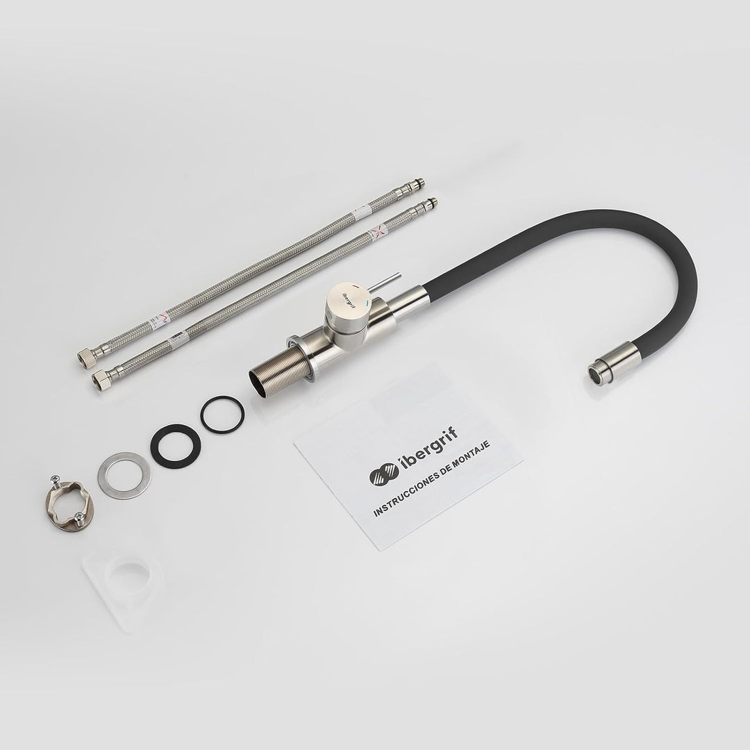 Ibergrif, Einhebel Küchenarmatur, Wasserhahn für Küche mit Schwarz Flexibler Auslauf, Supersteel, Sc