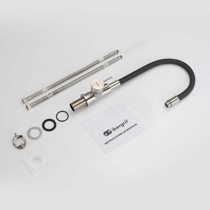 Ibergrif, Einhebel Küchenarmatur, Wasserhahn für Küche mit Schwarz Flexibler Auslauf, Supersteel, Sc