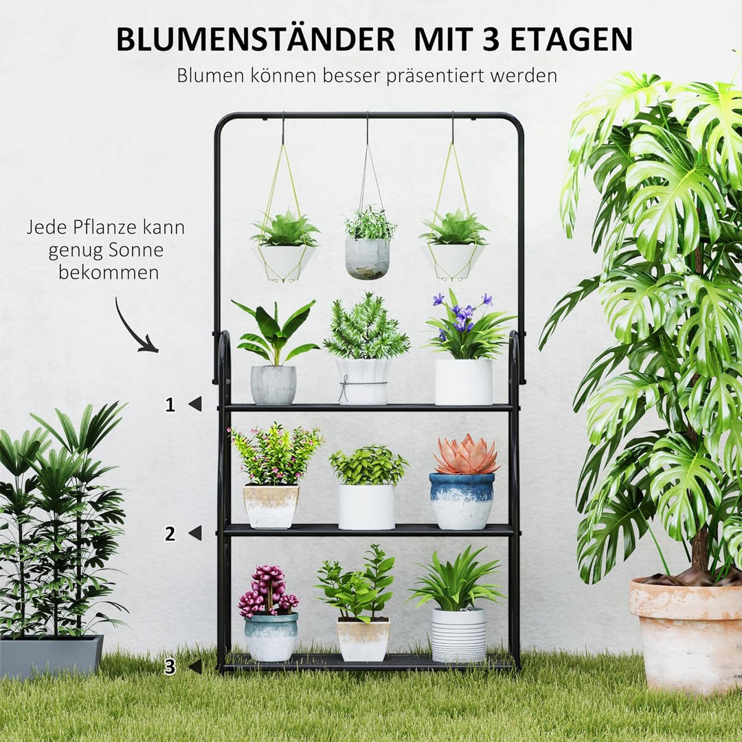 Outsunny 3-Etagen Pflanzenständer mit Hängestange, Haken, Blumenständer für Innen, Pflanzenregal aus