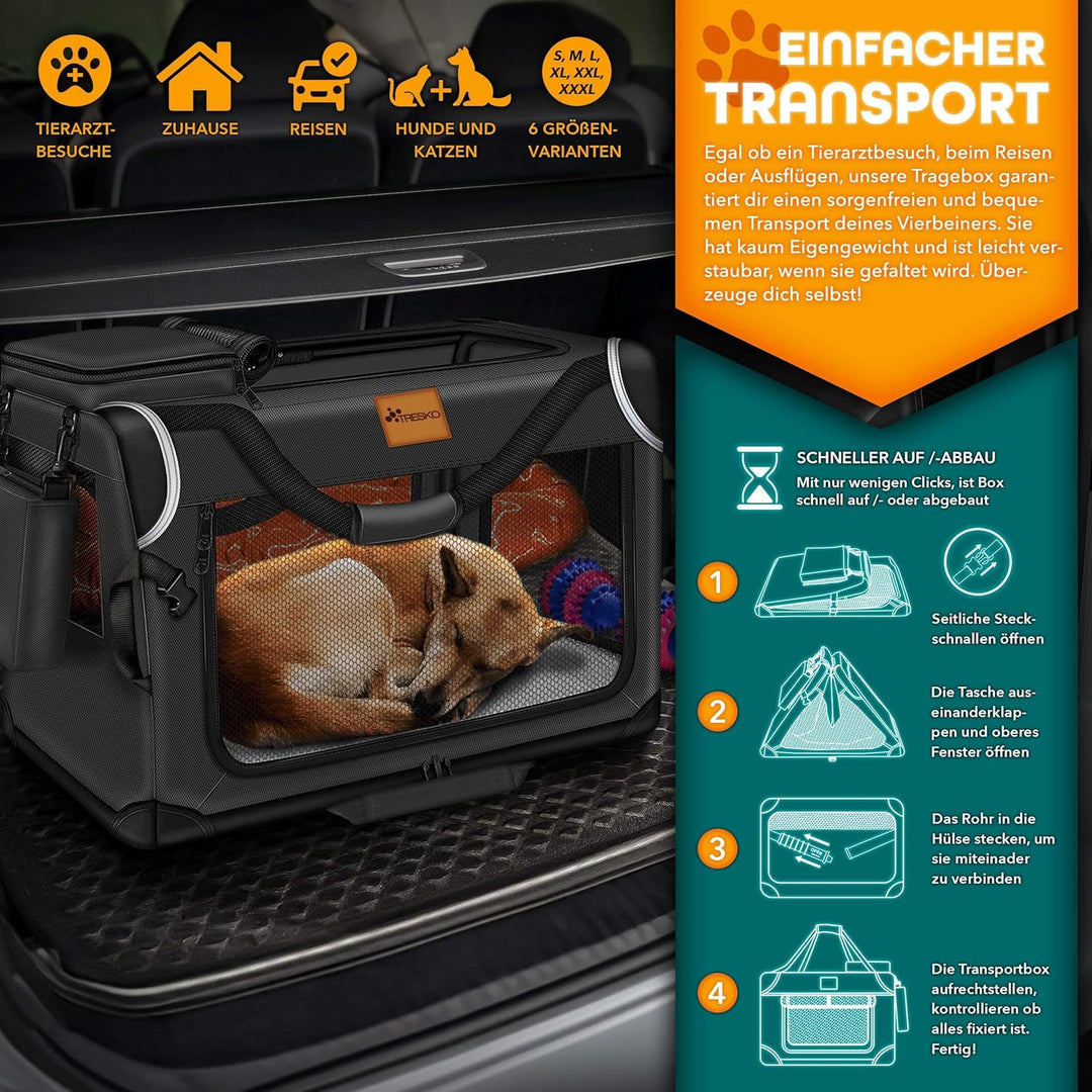 TRESKO® Hundebox faltbar inkl. Leckmatte, Spatel &amp; Reflektoren XL 83x58x58cm | Transportbox für Hund