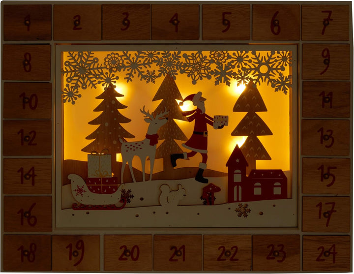 BRUBAKER Adventskalender aus Holz zum Befüllen - Weihnachtsmann im Wald mit LED-Beleuchtung - Wieder