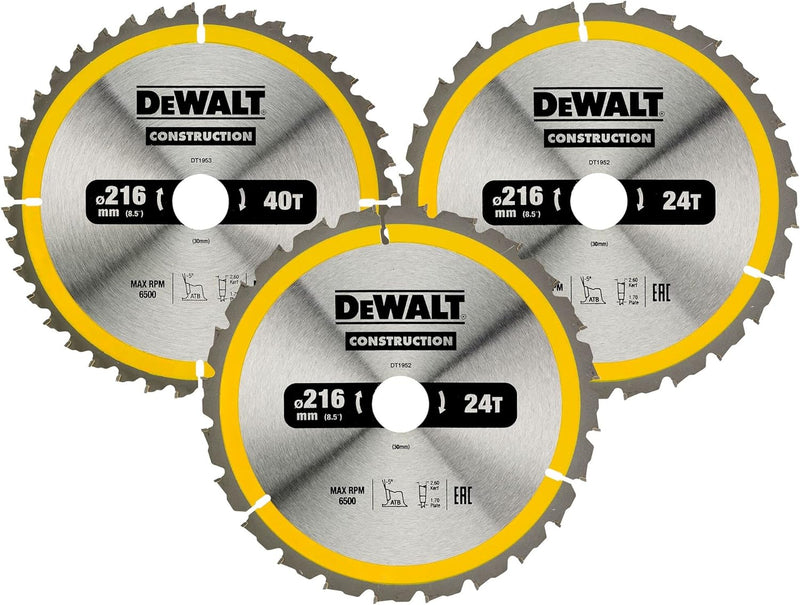 DEWALT Kreissägeblatt-Set DT1962 (für Stationärsägen, Sägeblatt-ø: 216/30 mm, Schnittbreite: 2,6 mm,