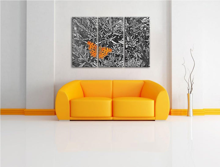 schöner Schmetterling auf Blumenwiese schwarz/weiss Spezial 3-Teiler Leinwandbild 120x80 Bild auf Le
