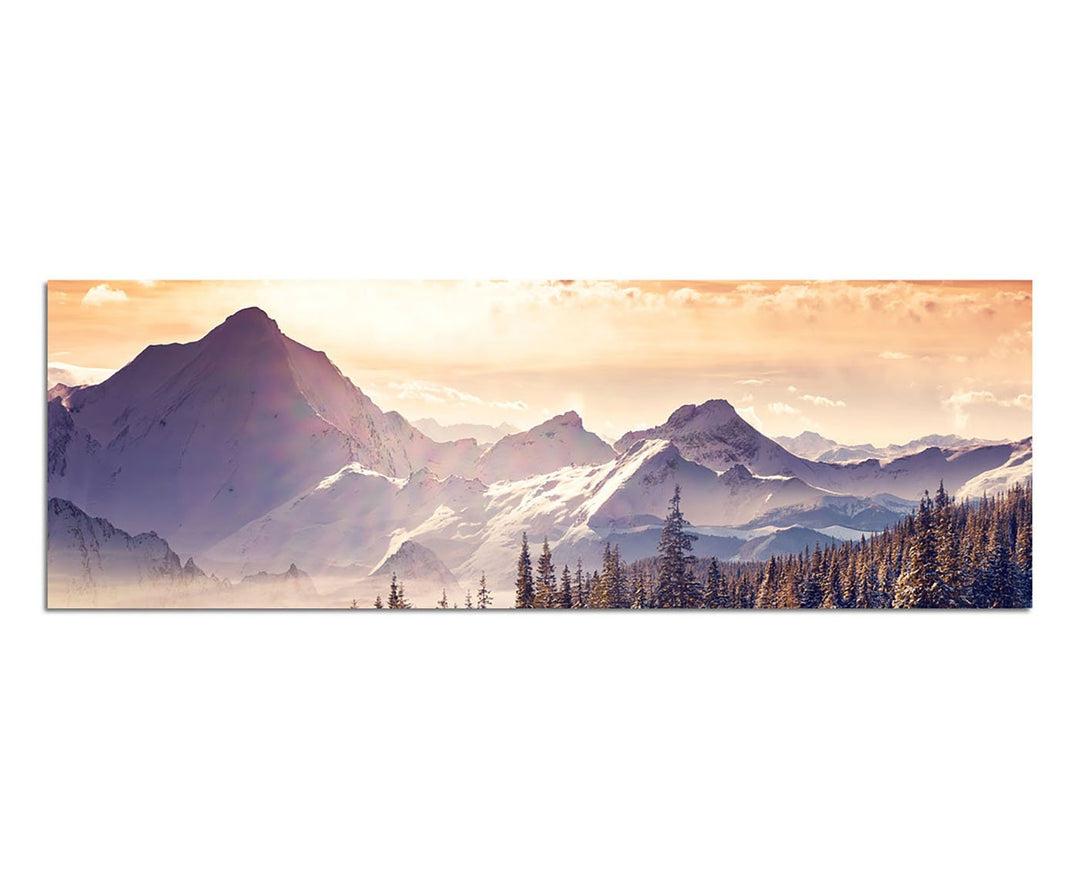 Paul Sinus Art Panoramabild auf Leinwand und Keilrahmen 150x50cm Berge Wald Schnee Wolken Sonnenstra