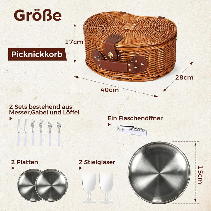 Picknickkorb-Set für 2 mit Kühlfach, Weinbeutel und Besteck Rose 40×28×17cm, Rose 40×28×17cm