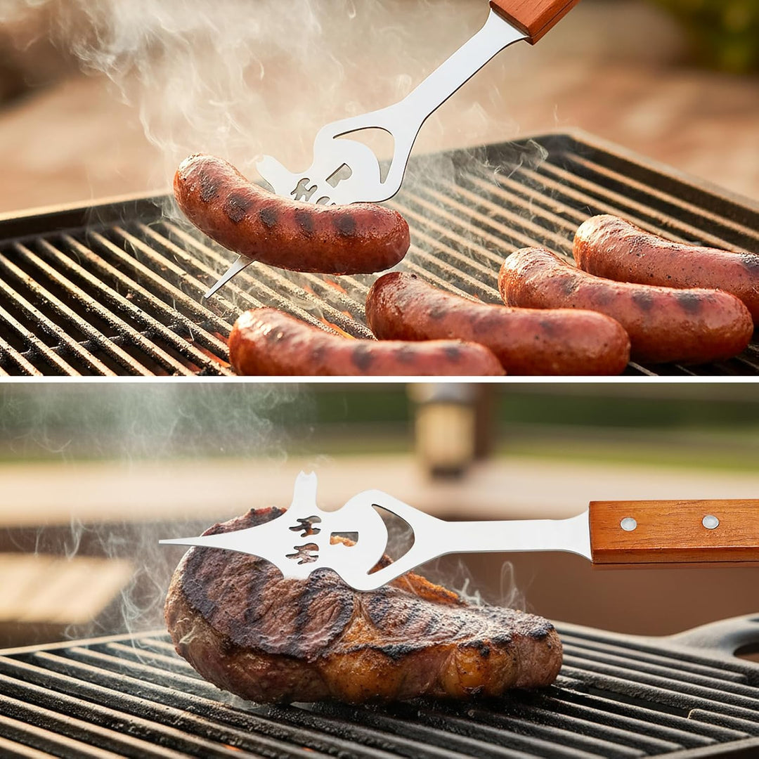 7 in 1 Multifunktion Grillbesteck Set, 2 Stück Edelstahl Grillspachtel für Barbecue Grill mit Holzgr