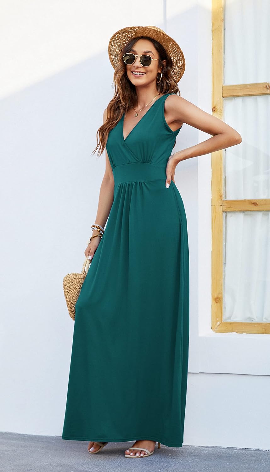 AUSELILY Maxikleid Damen Sommer ärmellos Kleid Lang Elegant tiefem V-Ausschnitt Abendkleid mit Tasch