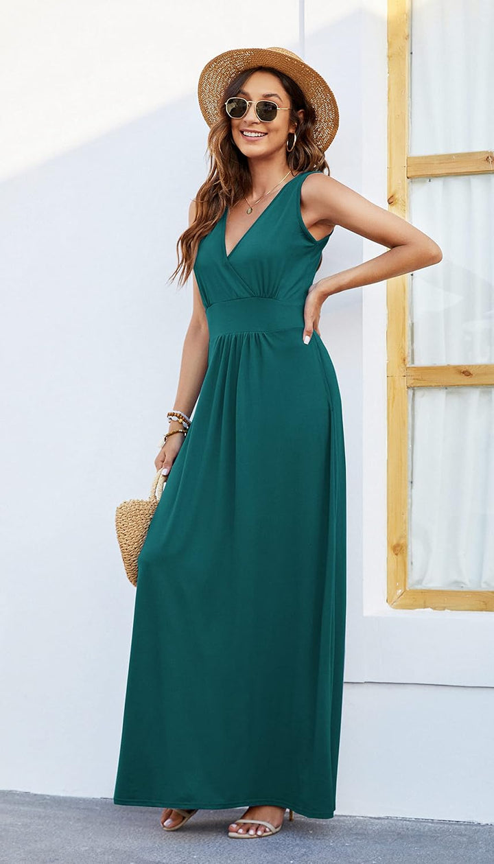 AUSELILY Maxikleid Damen Sommer ärmellos Kleid Lang Elegant tiefem V-Ausschnitt Abendkleid mit Tasch