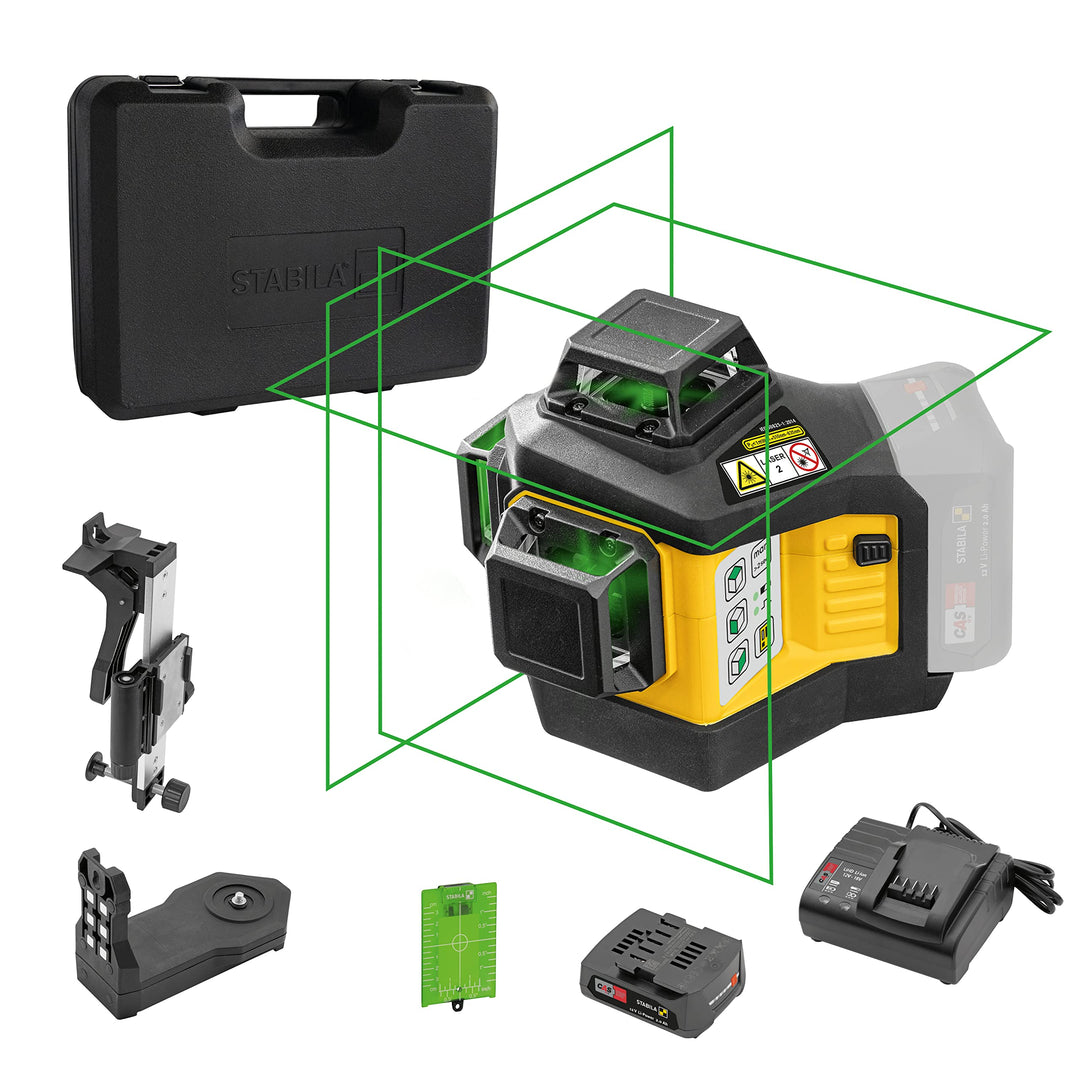 Stabila 12-V-System Kreuzlinienlaser LAX 600 G, selbstnivellierend, 3 x 360° grüne Laserlinien, max.