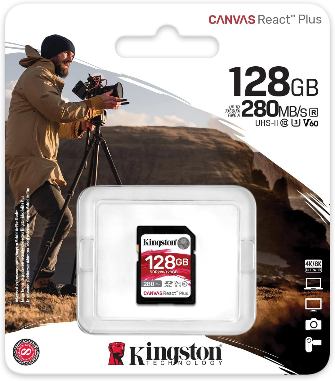 Kingston Canvas React Plus V60 SD 128GB SDXC UHS-II 280R/100W U3 V60 for Full HD/4K, 128GB