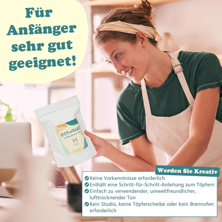 OSTWOLKE Töpferset für Zuhause für Anfänger - Lufttrocknend. Pottery Set für Erwachsene, Töpfern Zuh