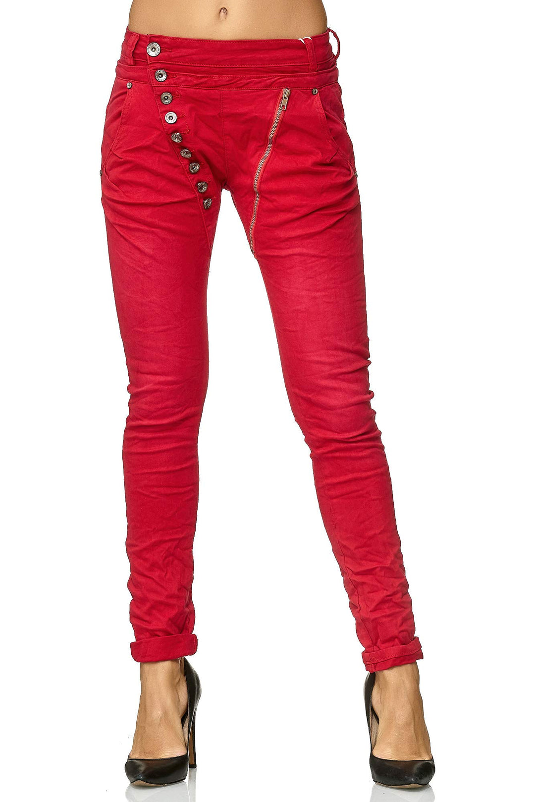 Elara Damen Jeans Boyfriend Knopfleiste Chunkyrayan 34 Slim Rot Lissabon, 34 Slim Rot Lissabon