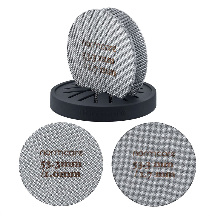 Normcore Puck-Sieb, 2 Stück, 53,3 mm, mit Ständer, wiederverwendbares Kontakt-Duschsieb mit Silikonh