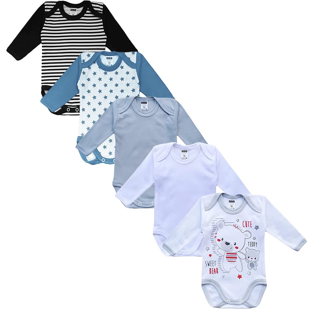 MEA BABY Unisex Baby Langarm Body aus 100% Baumwolle im 5er Pack, Baby Body mit Aufdruck für Mädchen