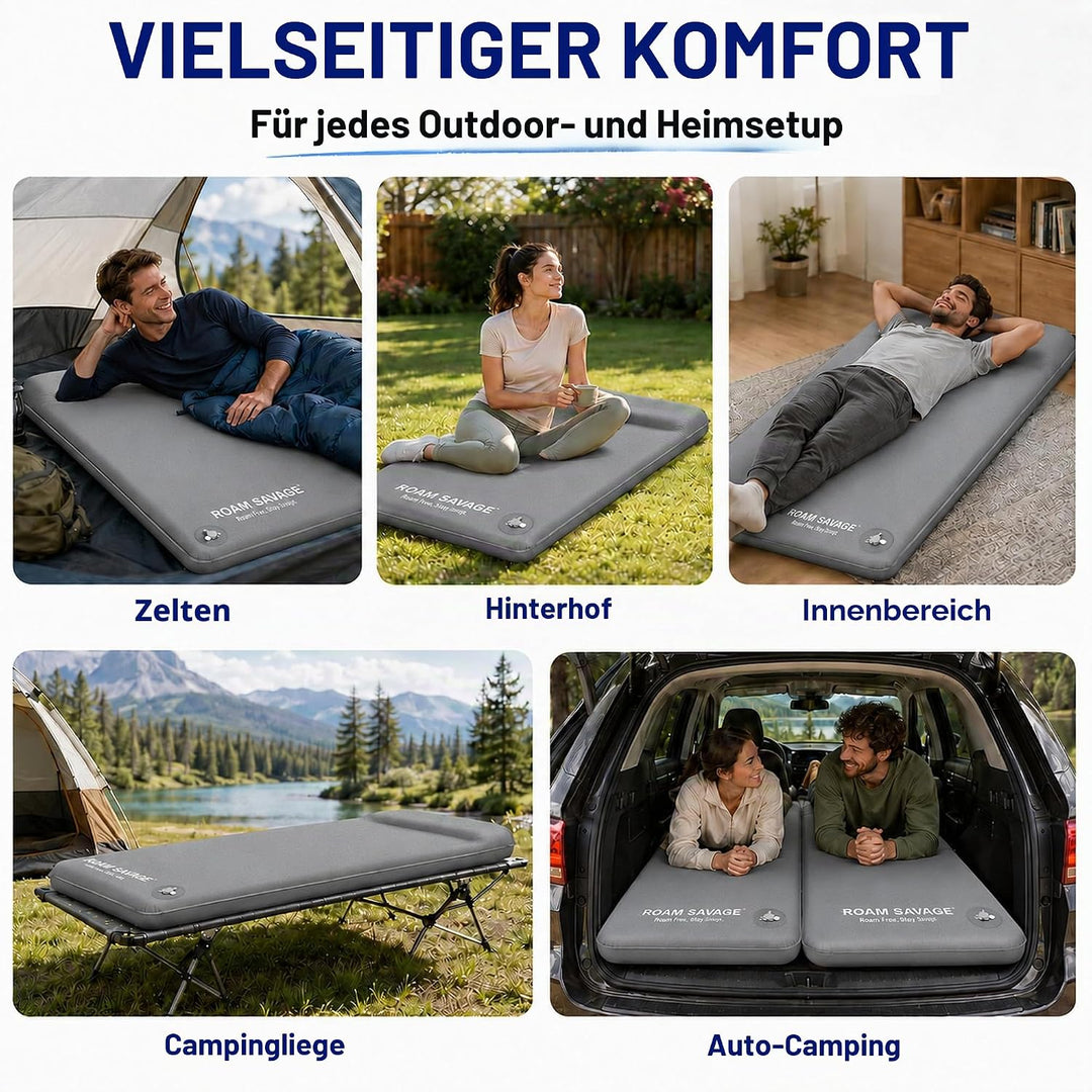 ROAM Savage Selbstaufblasende Camping-Isomatte, 7 cm Schlafmatte mit Kopfkissen, R-Wert 8,0 Isolieru