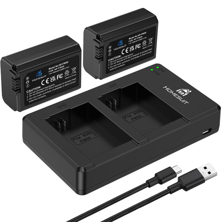 Homesuit NP-FW50 Akku und USB Dual Ladegerät Kit für Sony ZV-E10, A6000-Akkus, A6500, A6300, A7II, A