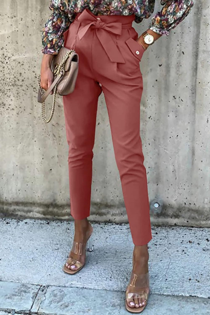 ONAYEYO Damen Casual High Waist Hose Einfarbig Elegant Lang Hosen Elastische Taille Carpi Hose mit B