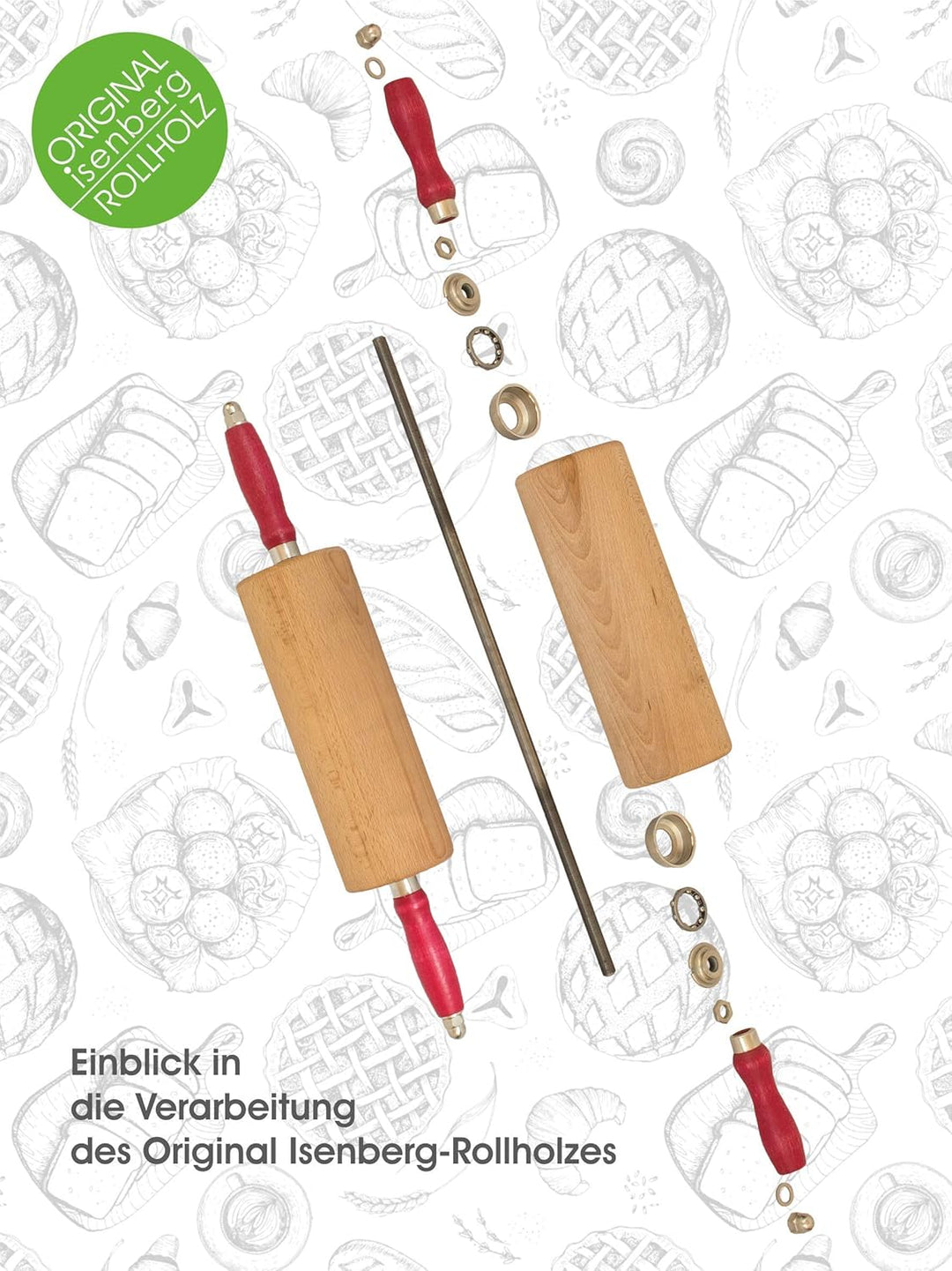 isenberg® Profi Rollholz - aus einem Stück Buchenholz - Kugelgelagert (25 cm) (Nudelholz, Teigrolle,