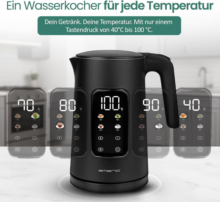 EMERIO Wasserkocher Edelstahl 1.7L | isolierte Doppelwand | Temperaturwahl 40-100°C in 5°C Schritten