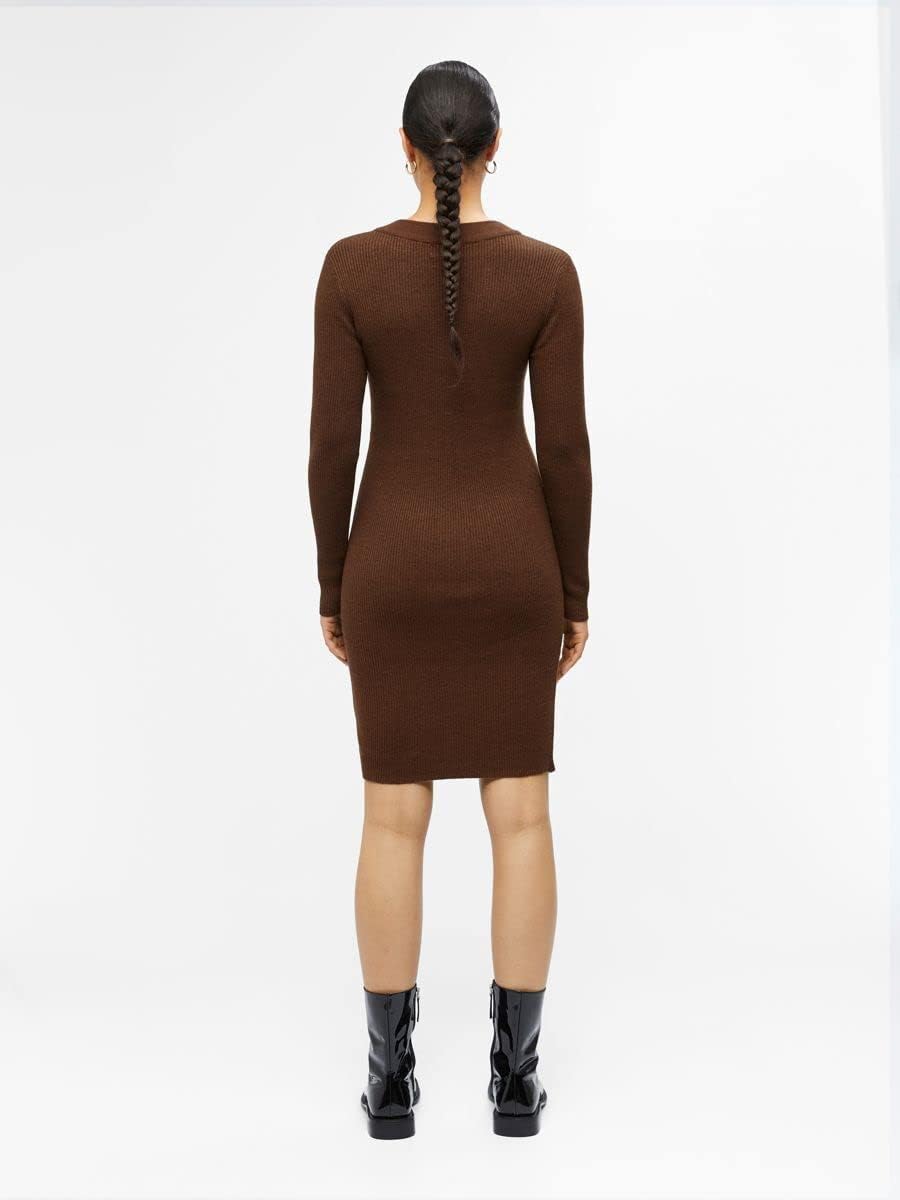 Object Female Strickkleid V-Ausschnitt XS Dark Earth, XS Dark Earth