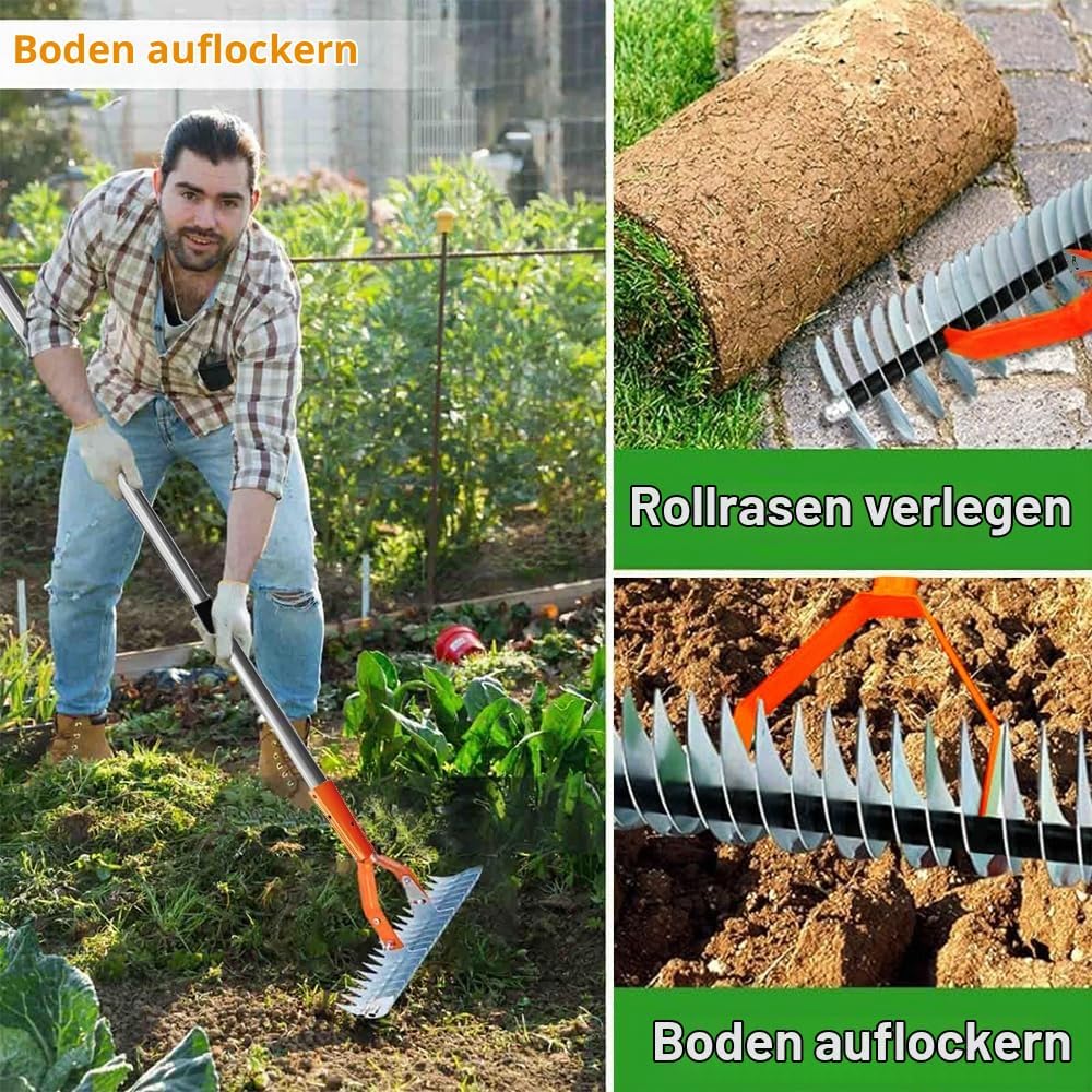 Vertikutierer Rechen mit Stiel 170cm, Schneidrechen Garten, Moosrechen, Vertikutierrechen, Verstellb