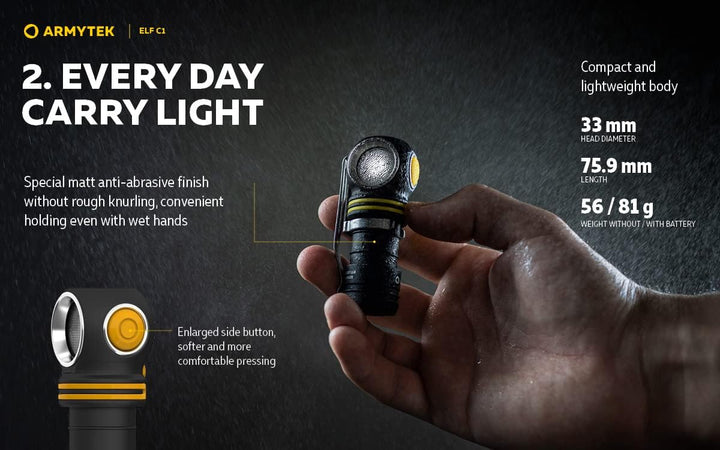 Armytek NEU, Stirnlampe Elf C1 v2 Kaltweiss 1000 Lumen LED-Lampe Micro USB Aufladbarer, Qualitativ H