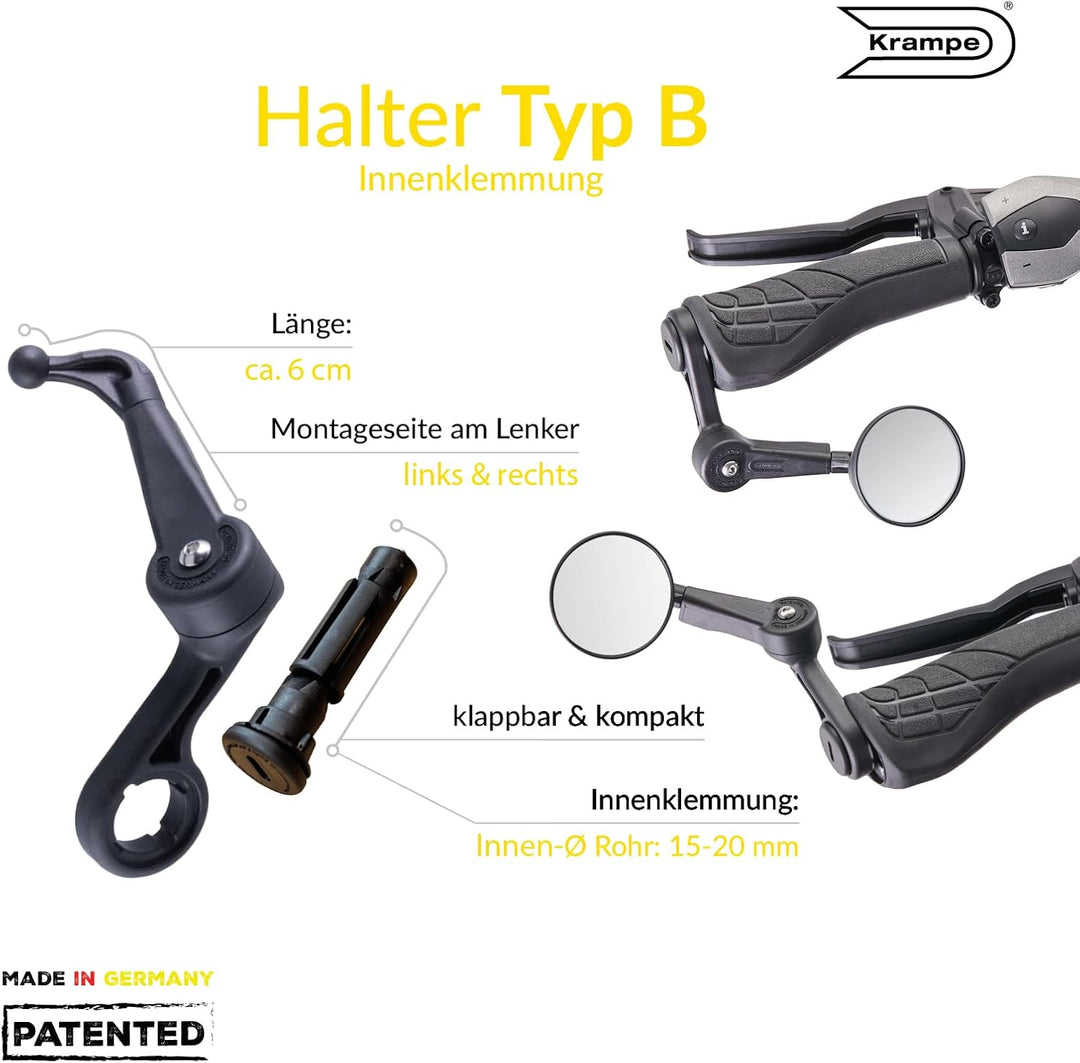 Krampe KF Mini Typ B | kleiner einklappbarer Fahrradspiegel | links und rechts montierbar | für alle