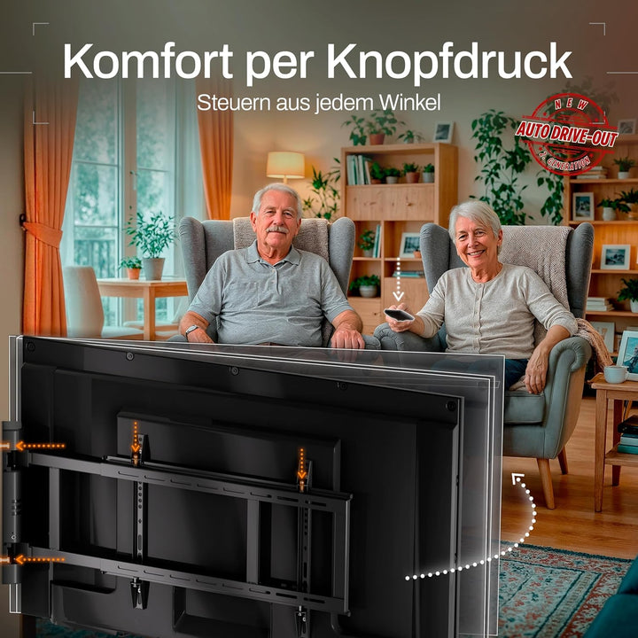EasyLife – Elektrische, Schwenkbare TV-Wandhalterung mit Auto-Drive-Out, Ultraschlank 56mm, leiser M