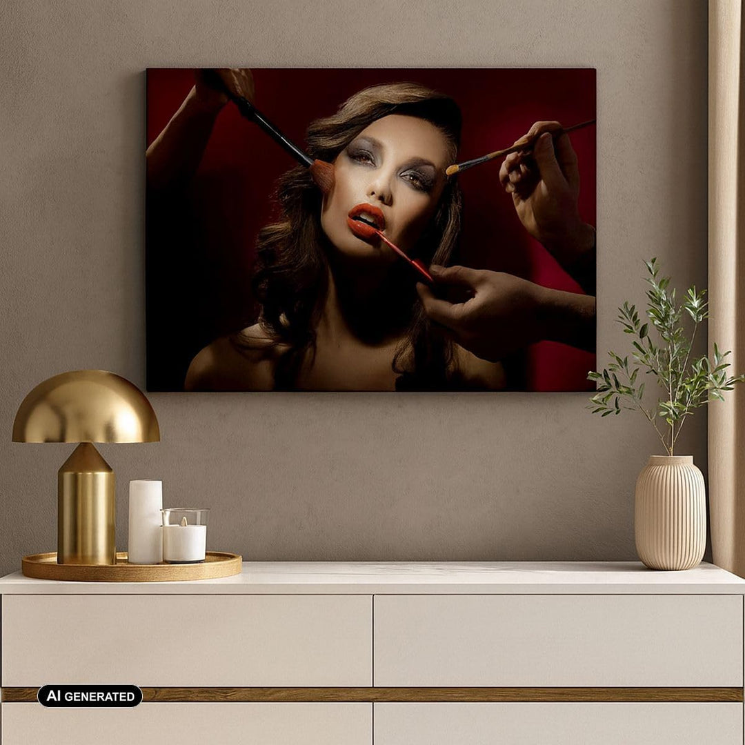 Bilder auf Leinwand 100x70cm Leinwandbild mit Rahmen Frau Make-up schön Gross Wanddeko Bild Schlafzi