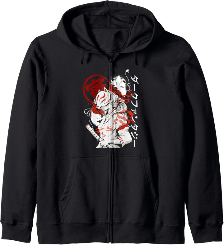 Japanische Samurai Anime Girl Kitsune Maske Kapuzenjacke