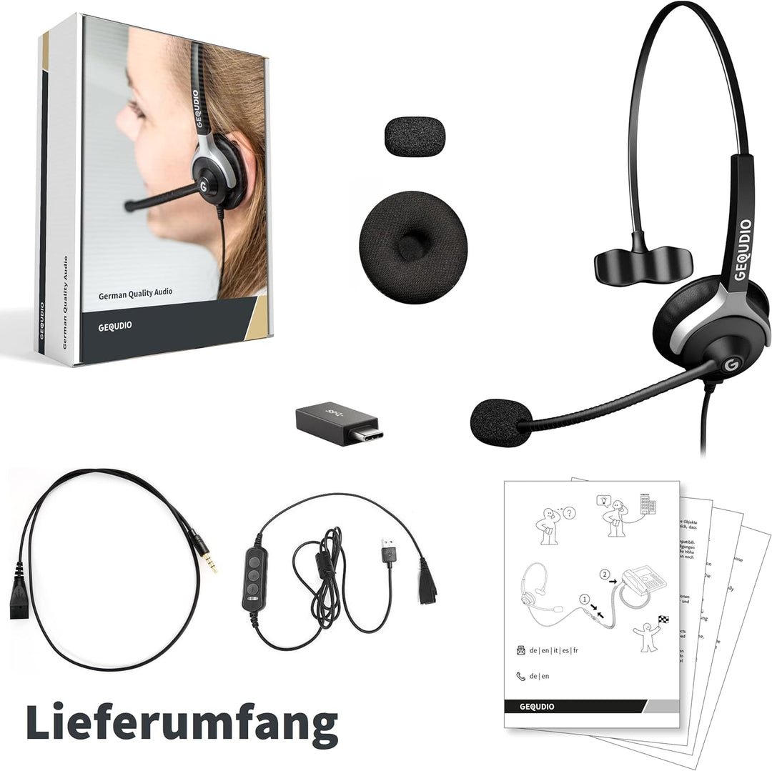 GEQUDIO [3in1] Business Headset mit USB-A, USB-C und 3,5mm Klinke kompatibel mit PC, Mac und Smartph