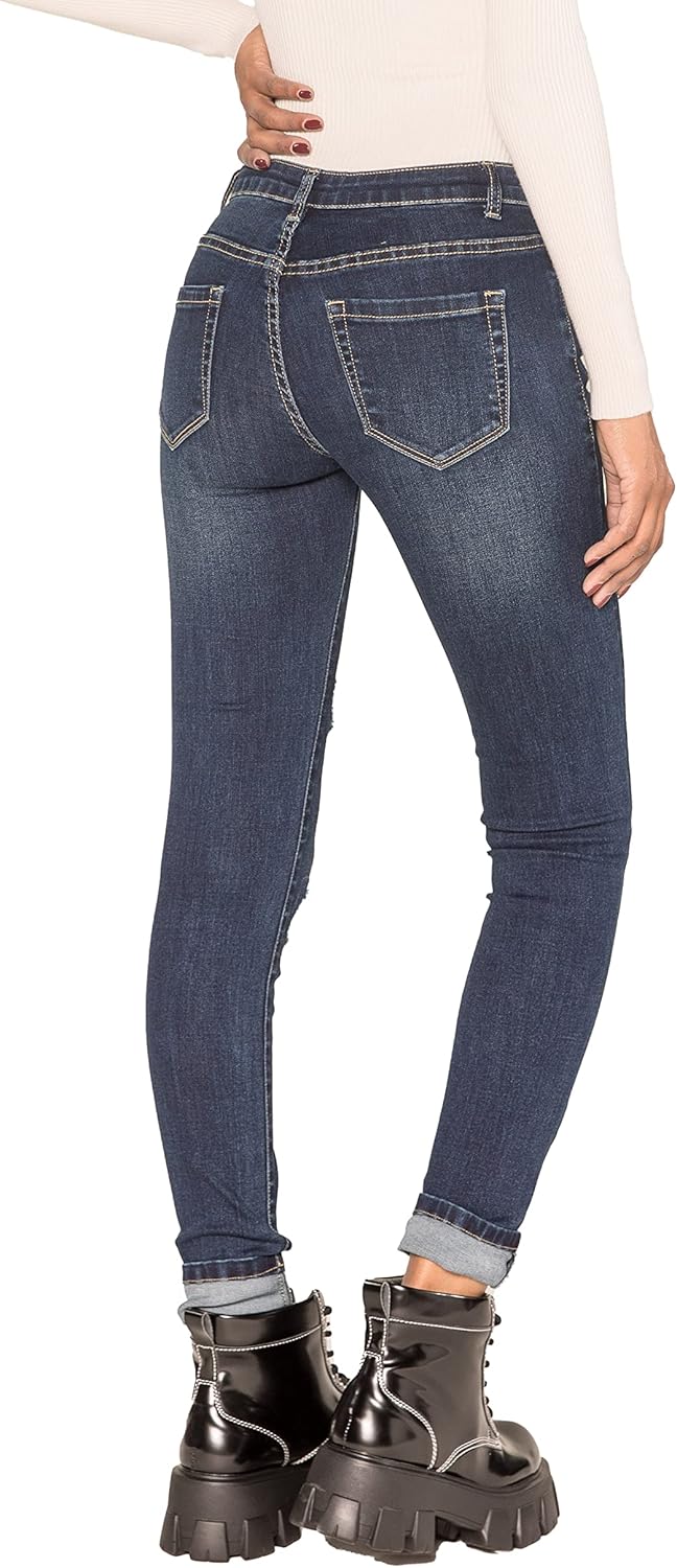 Nina Carter P100 Damen Skinny Fit Low Waist Jeanshosen mit Destroyed-Effekten Used-Look Jeans Waschu