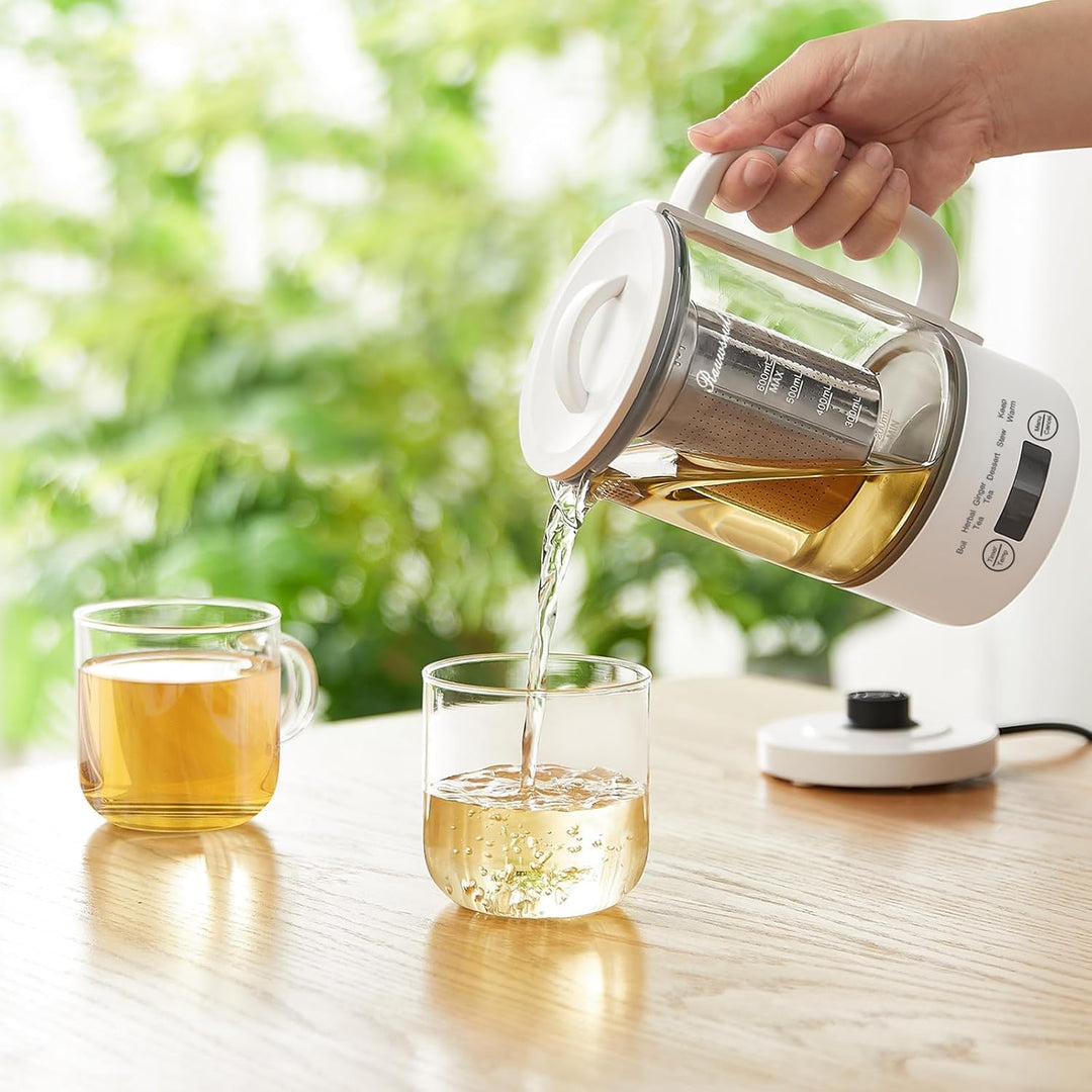 Glas Elektrisch Wasserkocher 0,6L 500W, 40-75°C Einstellbare Temperatur, 24-Stunden-Timer, Touch-Bed