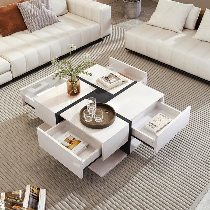 Merax Couchtisch Wohnzimmertisch mit 4 Schubladen Hochglanz, Modern Beistelltisch Kaffeetisch mit Zw