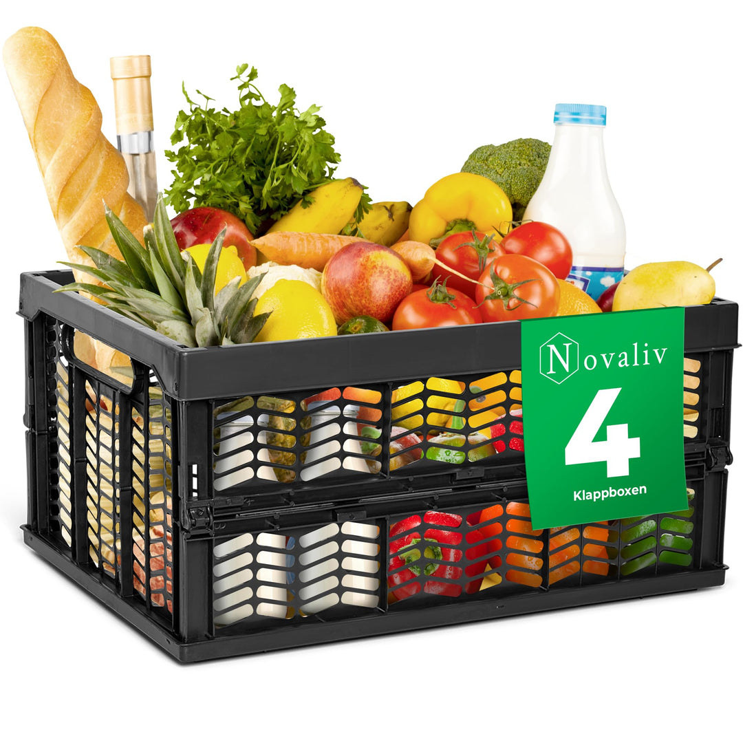 Novaliv Klappboxen faltbar stabil | 4x 30L Schwarz Schwarz baskets Einkaufskiste| Klappkisten Set Tr