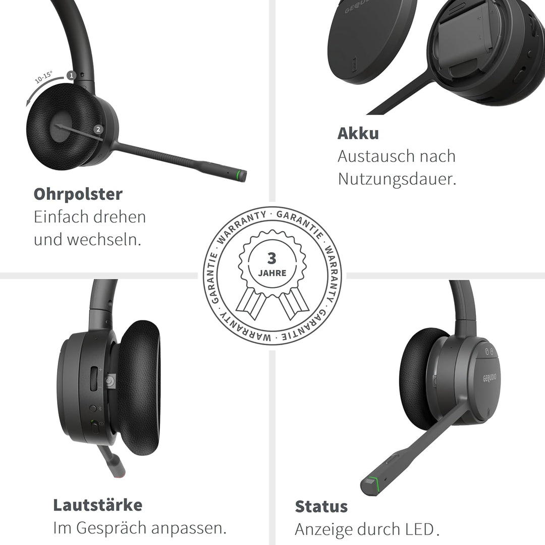 GEQUDIO GC-1 [Überarbeitete Neue Edition] DECT & Bluetooth Headset für AVM FritzBox - Verlängerter K