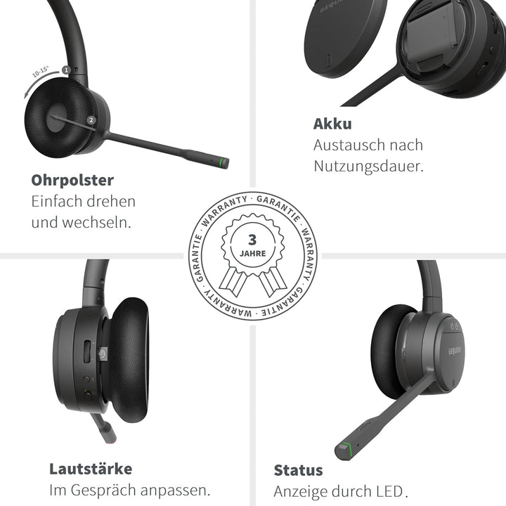 GEQUDIO GC-1 [Überarbeitete Neue Edition] DECT & Bluetooth Headset für AVM FritzBox - Verlängerter K