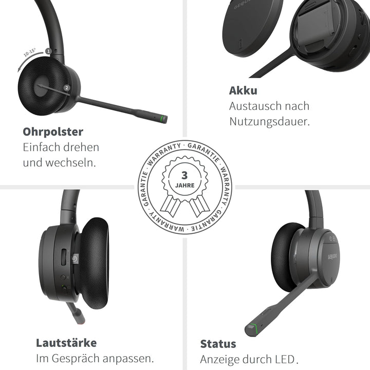 GEQUDIO GC-4 Premium Edition DECT &amp; Bluetooth Headset für FritzBox GC-4 ANC/ENC (2-Ohr) &amp; Ladeschale